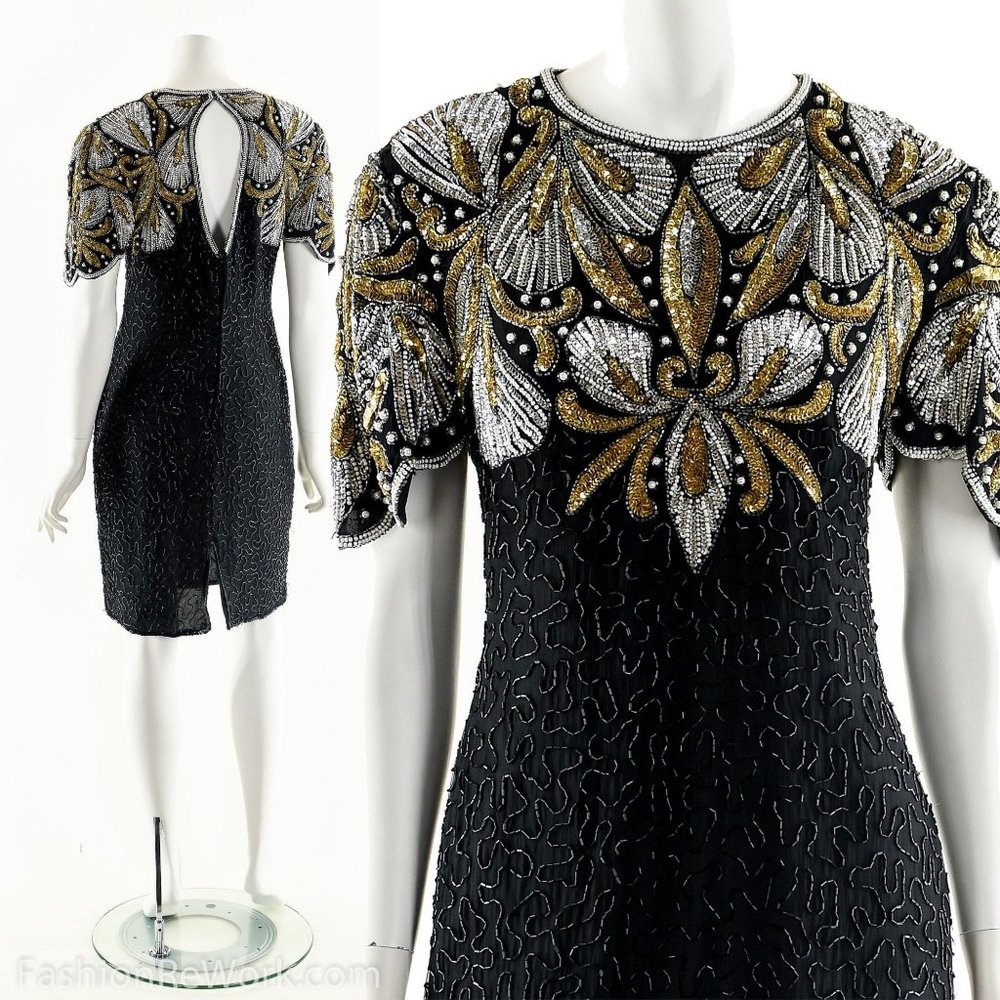 Beaded Silk Dress,Sequin Silk Dress,Heavily Beaded Black Dress,Ornate Baroque Dr